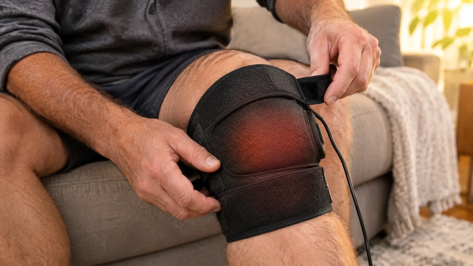 Hands adjusting a heated knee wrap on a bent knee while a woman sits on a sofa