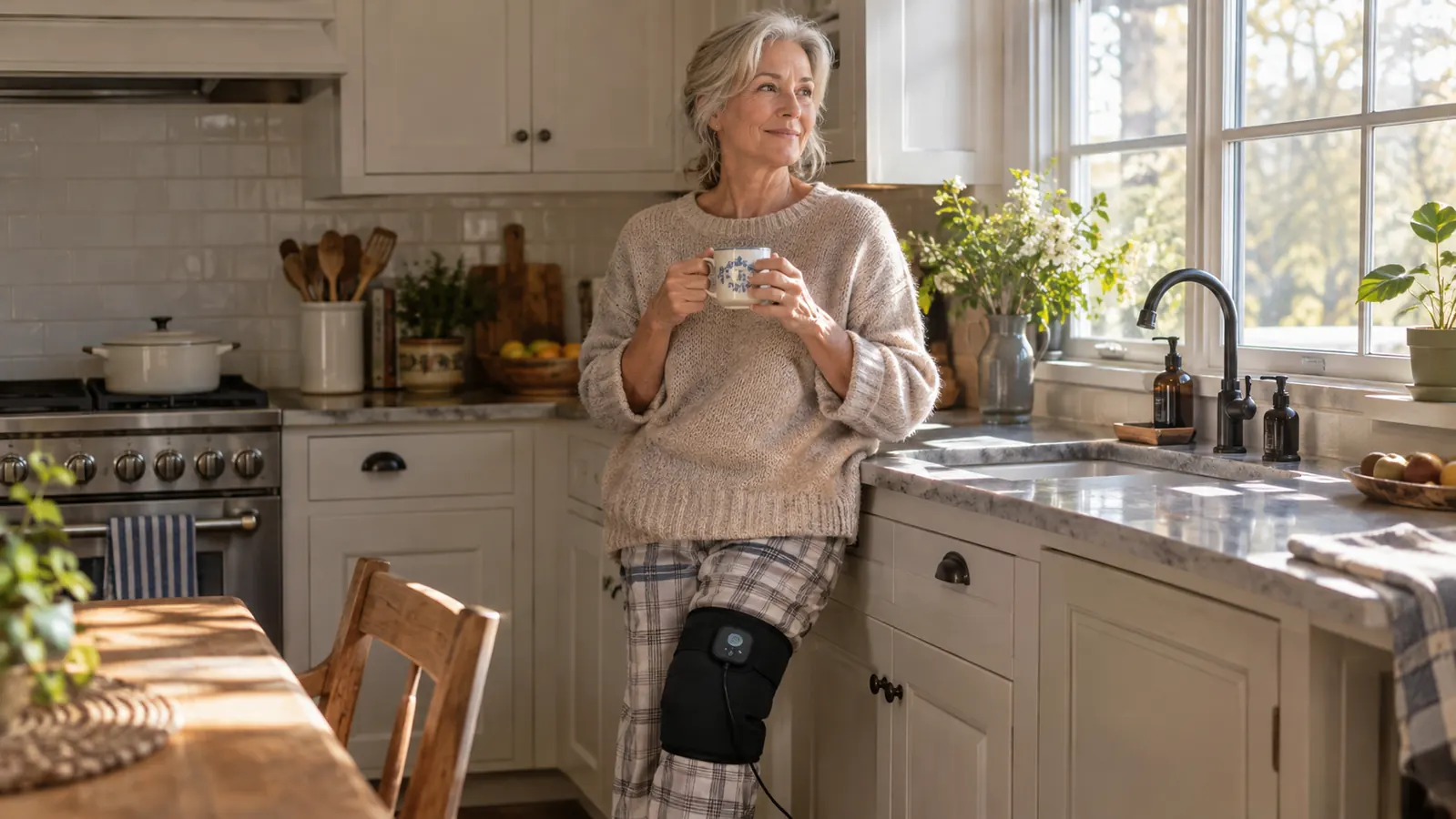A woman in her sixties standing in a kitchen holding a coffee mug while wearing a heated knee wrap, morning light through a window