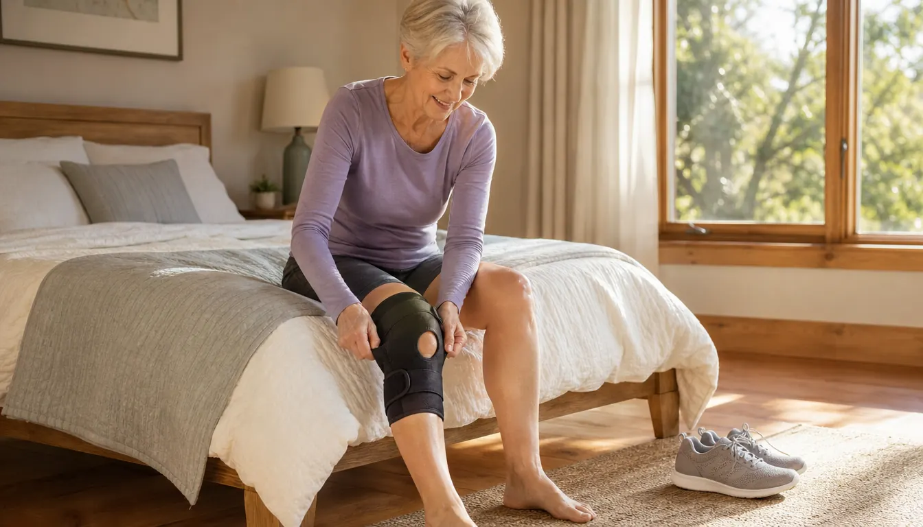 A woman in her sixties pulling on the knee brace over a bare leg before a morning walk