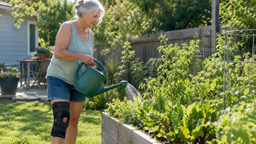 A woman in her sixties watering a backyard vegetable garden while wearing the knee brace