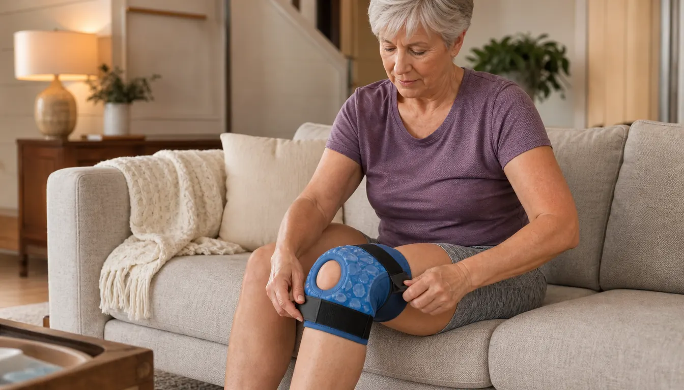 A woman in her sixties adjusting the straps of a knee ice wrap while seated on a sofa