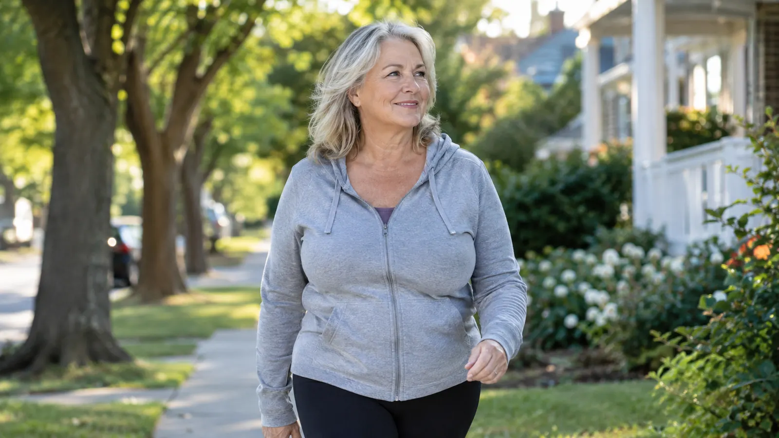 A woman in her sixties on a morning walk along a tree-lined neighborhood street