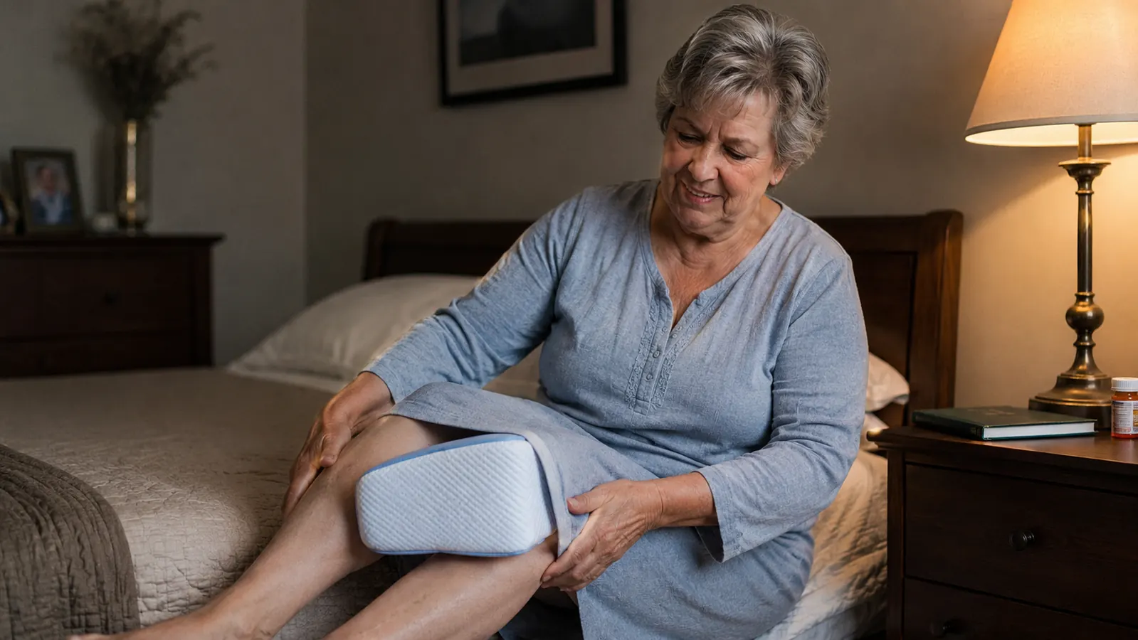 A woman in her sixties sitting on the edge of the bed placing a foam knee pillow in place before sleep