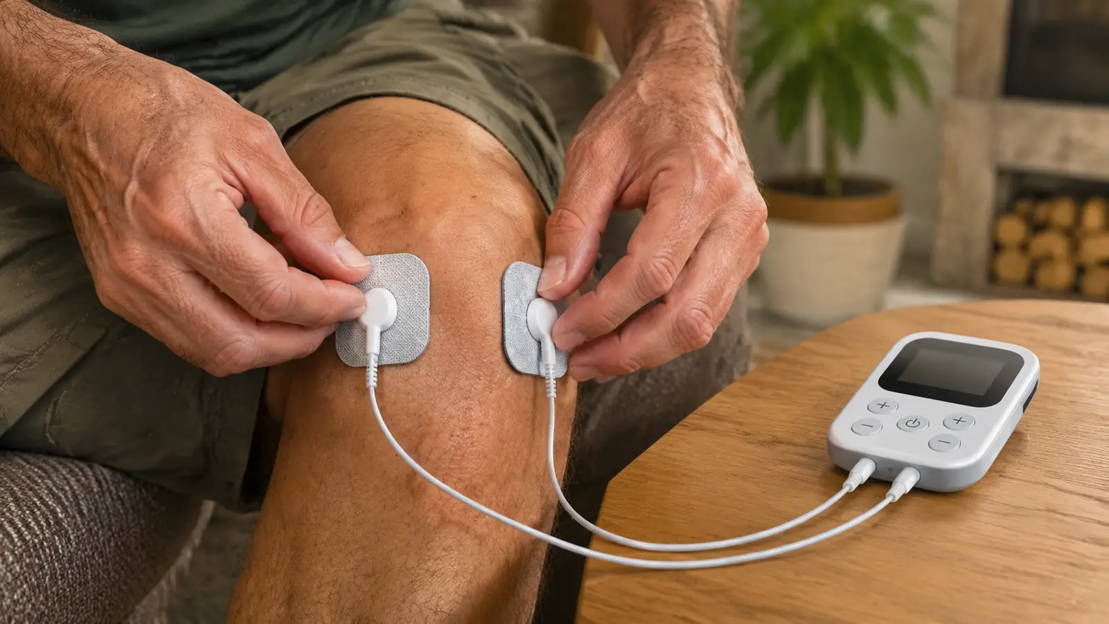 Close-up of hands placing TENS electrode pads on a knee
