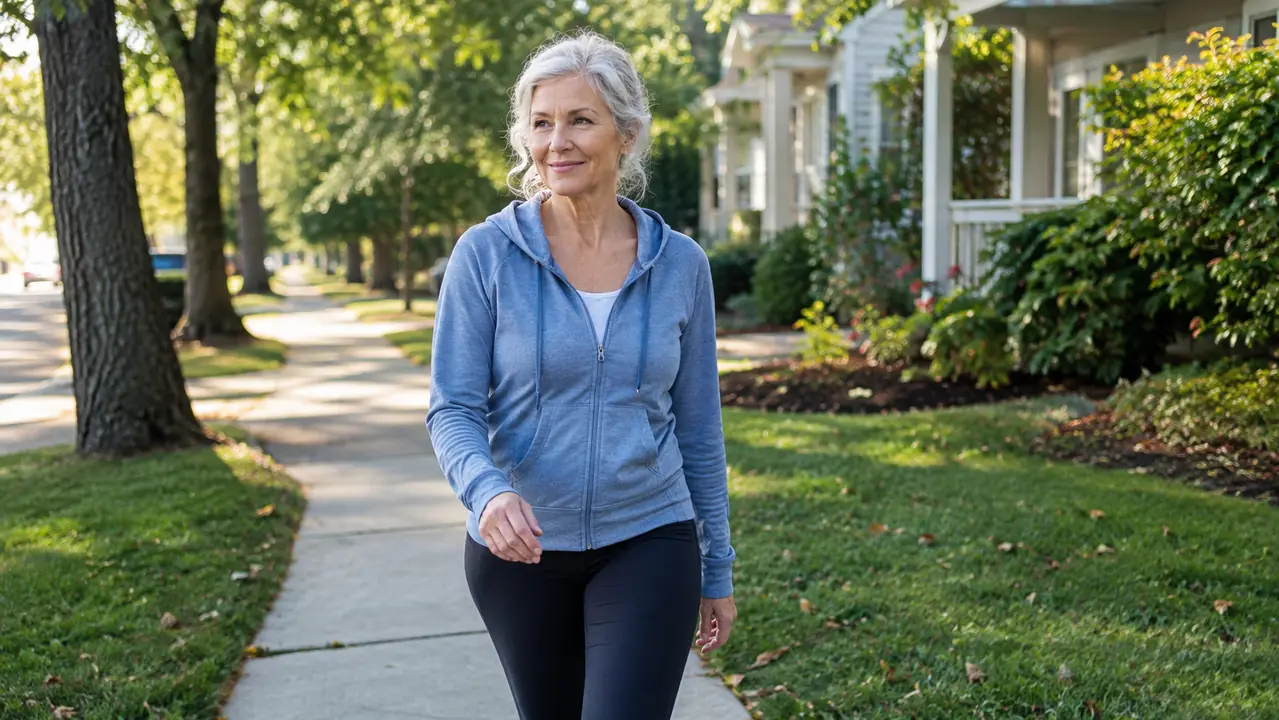 Woman in her sixties walking on a neighborhood sidewalk in the morning