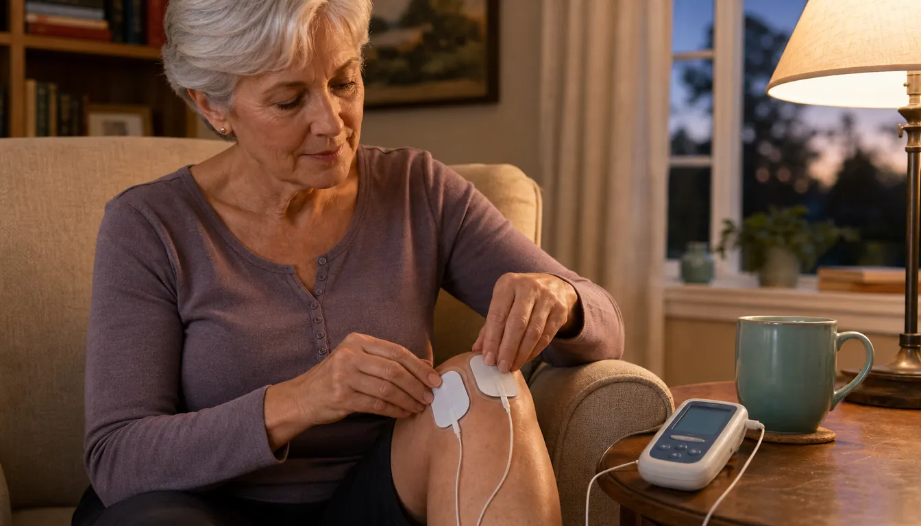 A woman in her sixties seated in an armchair, placing adhesive pads on her knee while a small TENS unit with a digital screen sits on a side table