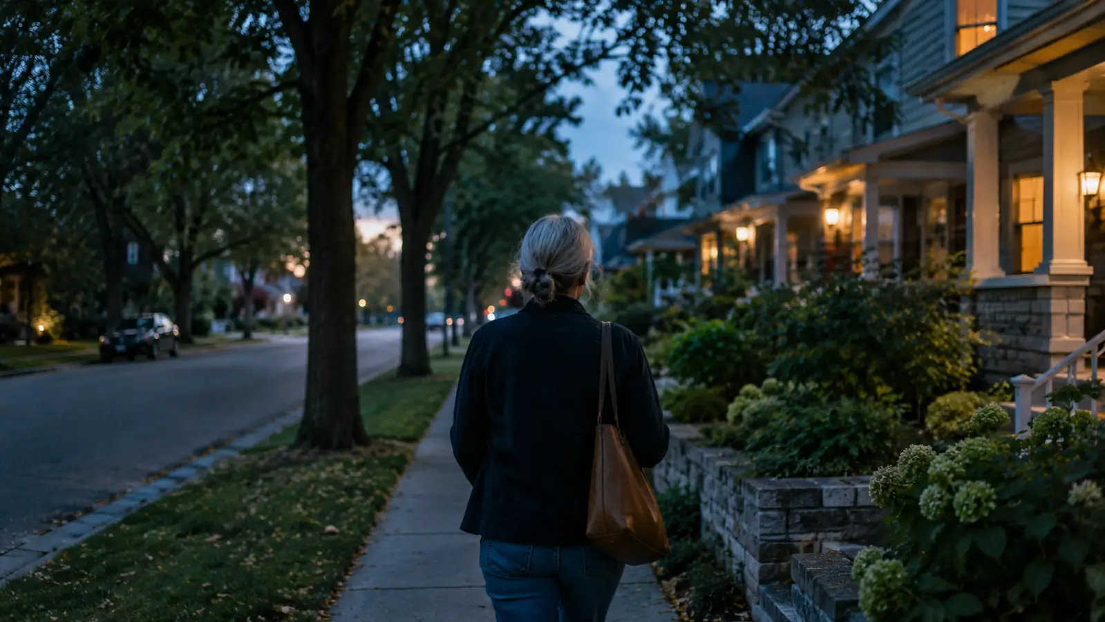 A woman in her sixties walking on a tree-lined residential street at dusk, seen from behind