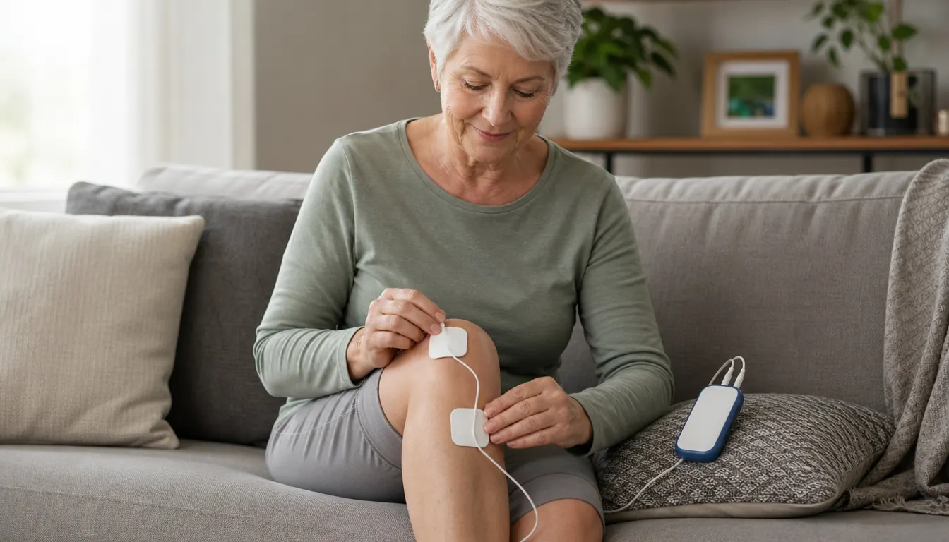 A woman in her sixties sitting on a couch, applying the device's adhesive pads to her knee