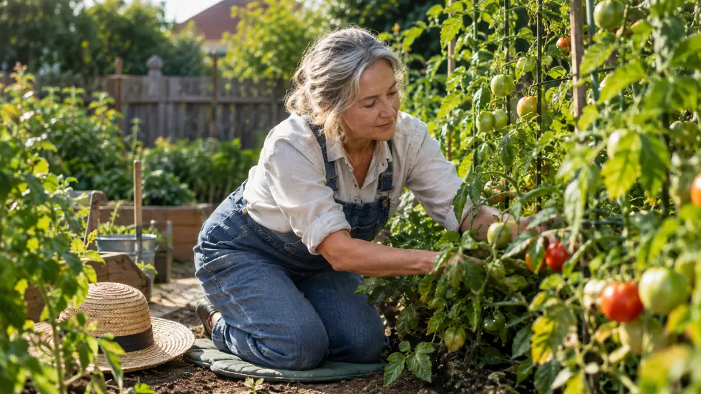 A woman in her sixties kneeling on a padded mat in a backyard vegetable garden, reaching toward tomato plants in warm afternoon light
