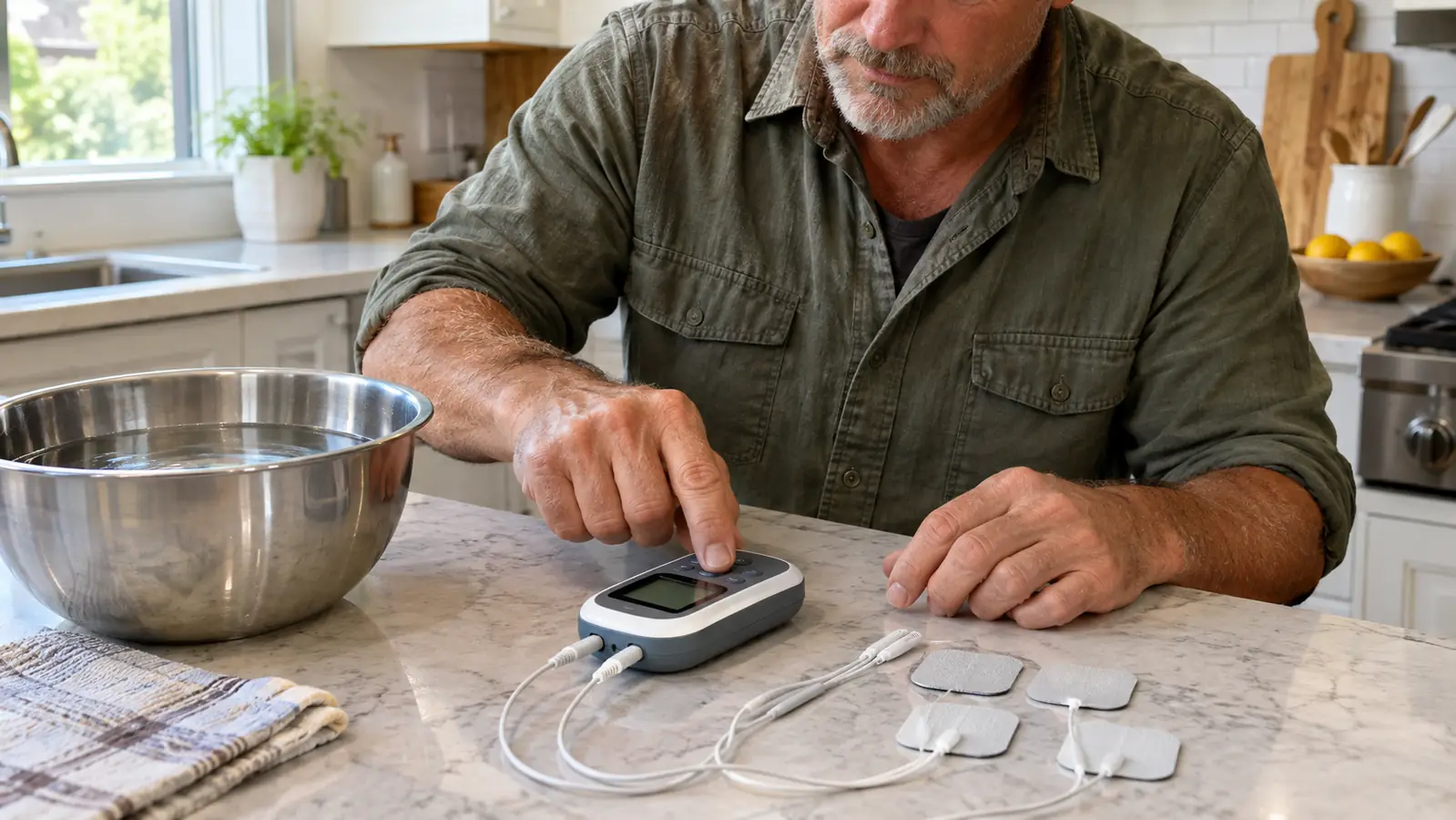 Close view of a hand pressing a small TENS unit's mode button while the device sits on a kitchen counter beside a stainless steel bowl of water