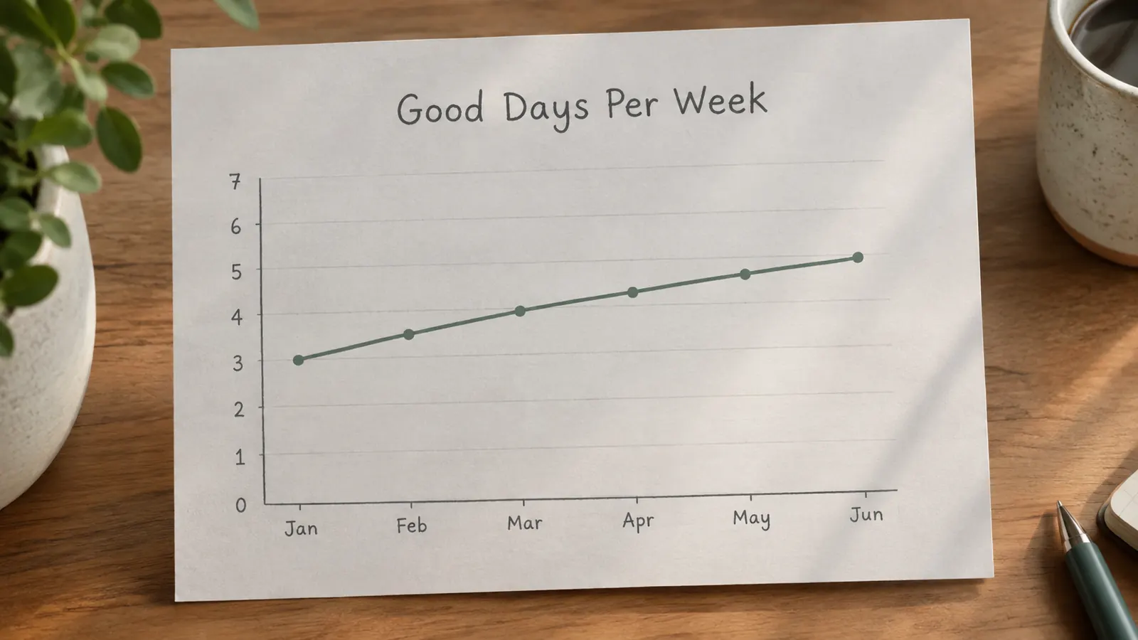 A simple hand-drawn style chart showing a line climbing gently over six months, labeled 'good days per week' from about 3 to about 5