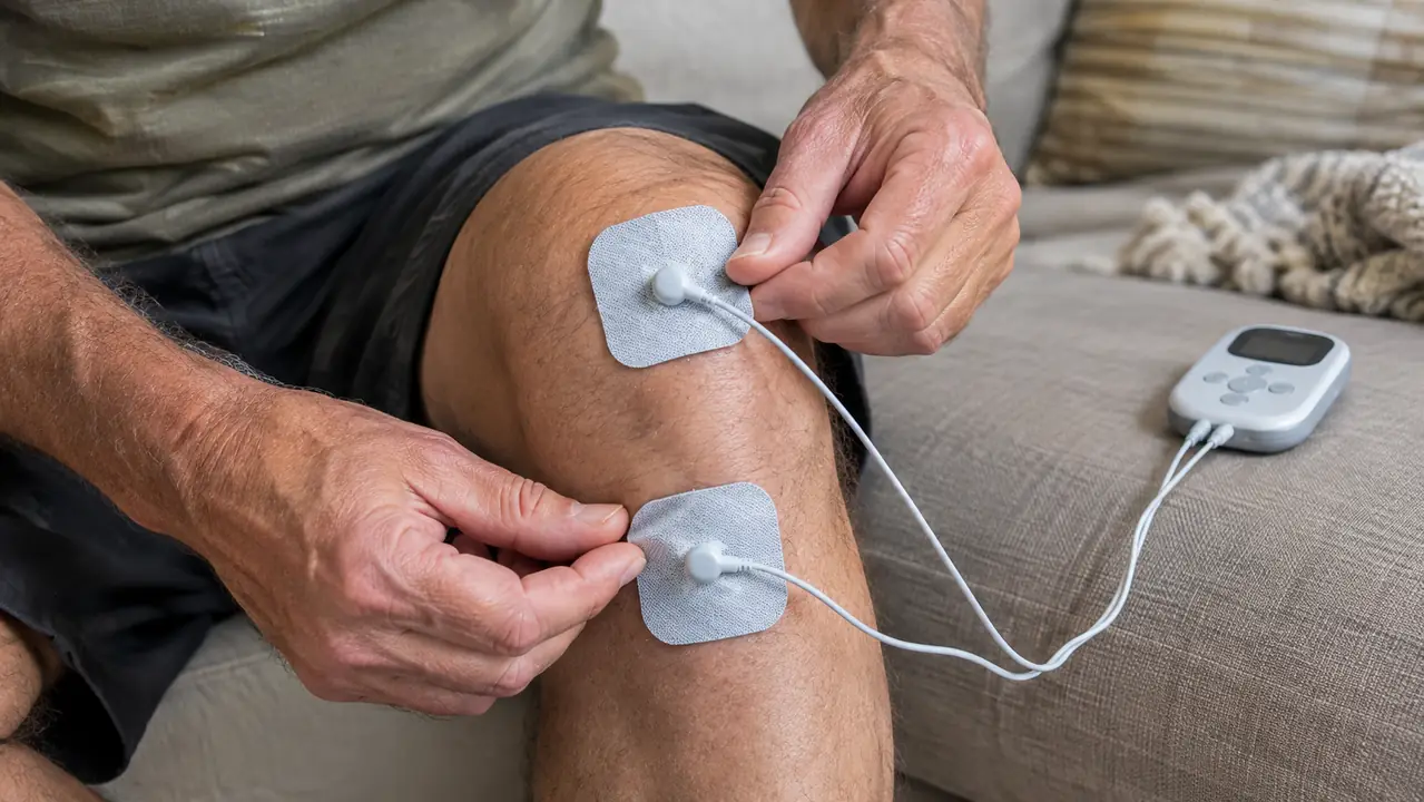 A hand placing two adhesive electrode pads on a knee above and below the kneecap, pads connected to thin wires