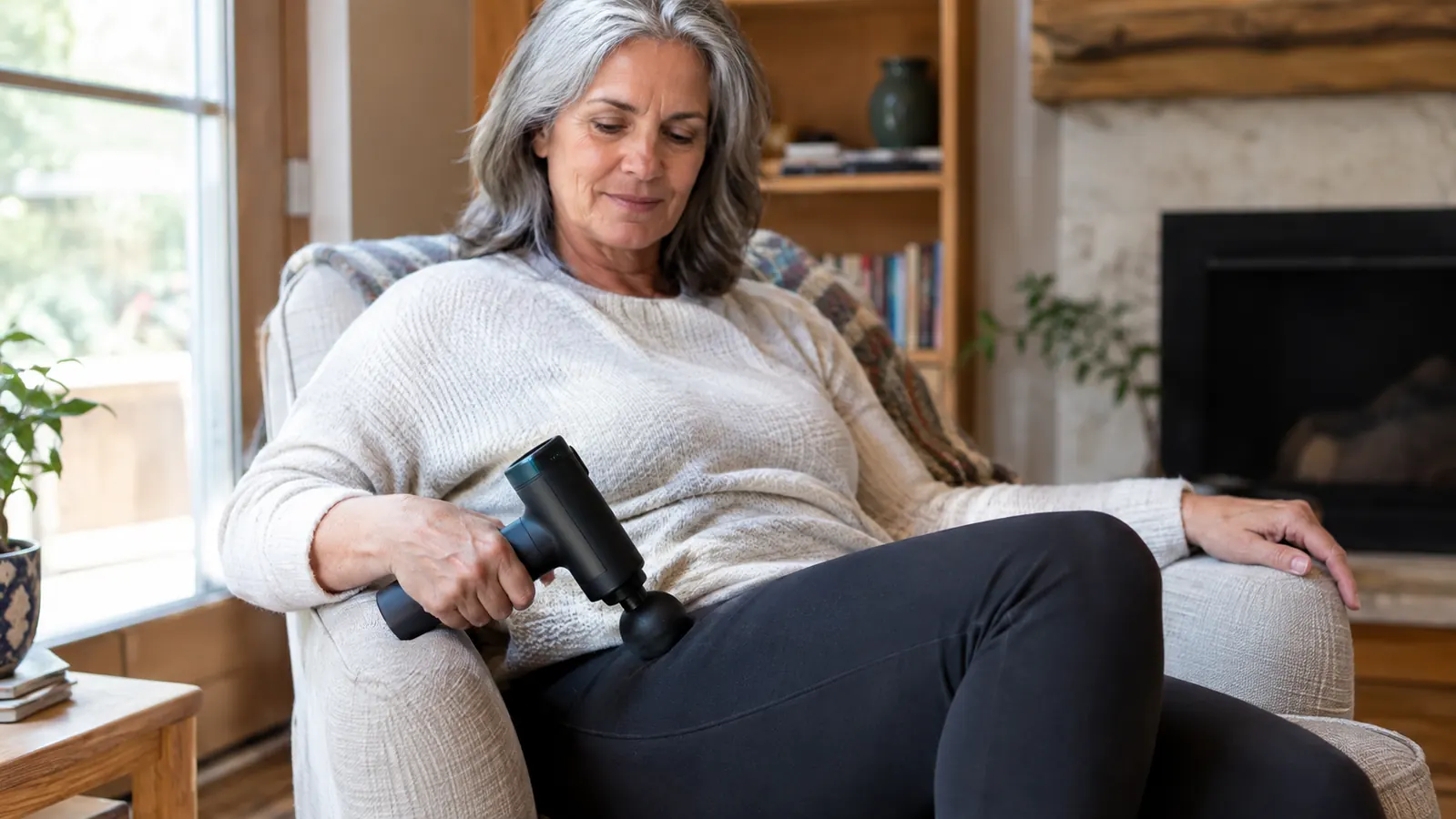 A woman in her sixties using a handheld percussion massager on her thigh while sitting in an armchair