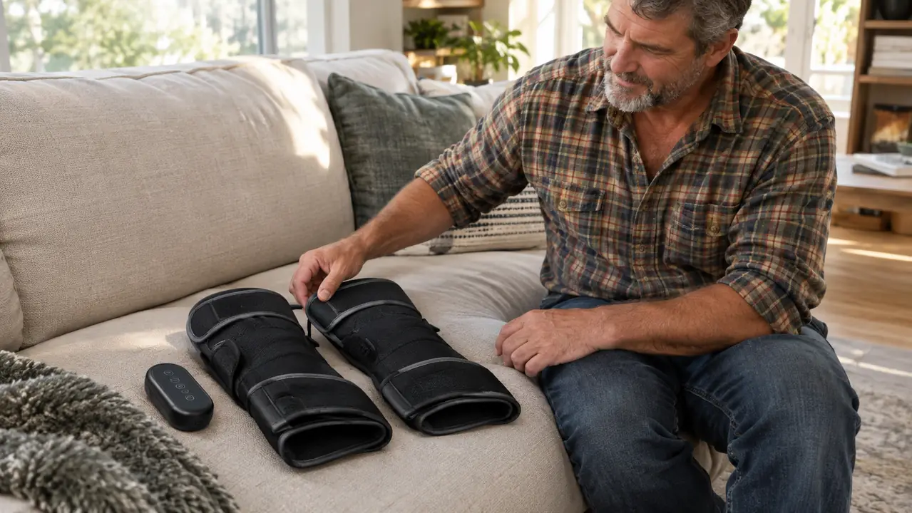 A pair of heated knee wraps laid out on a couch beside a remote control