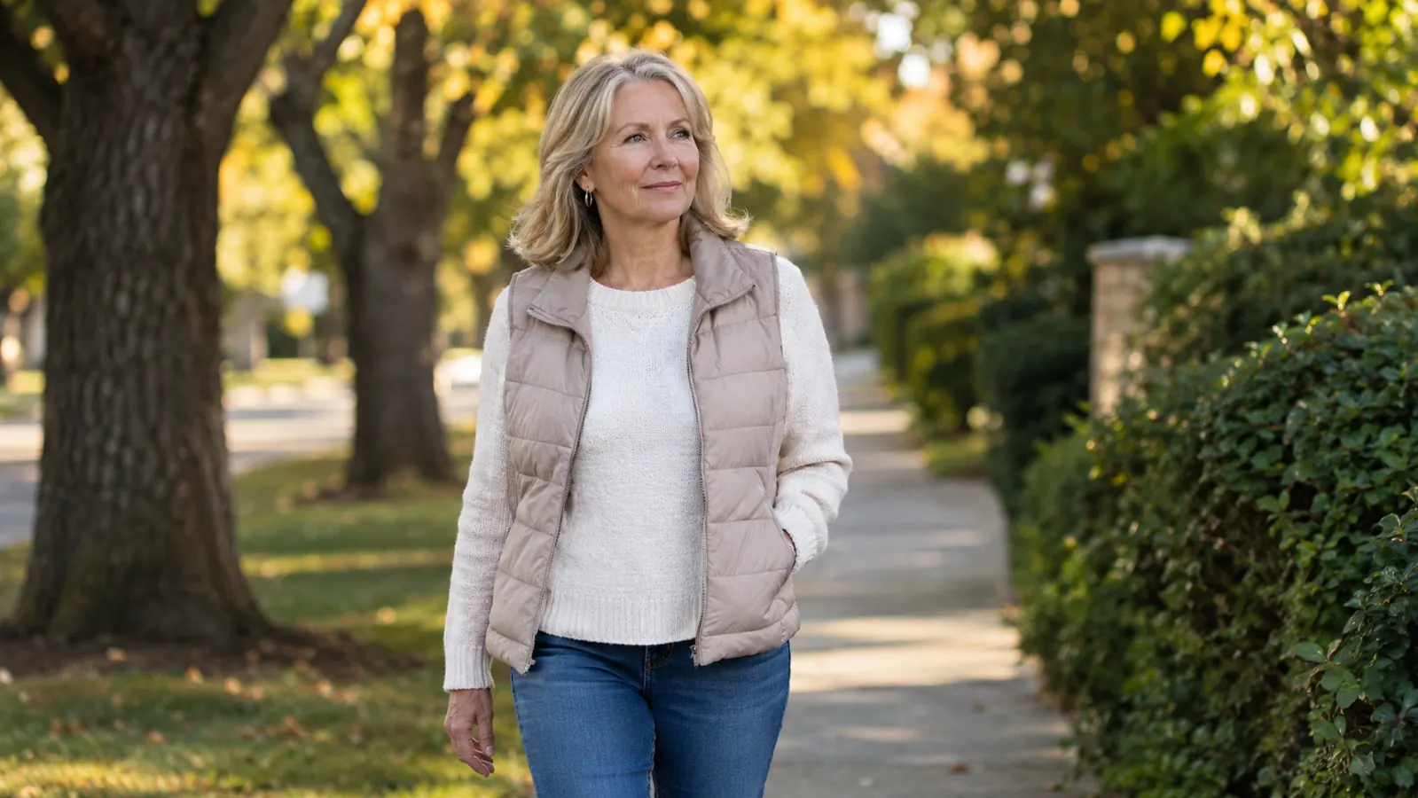 A woman in her sixties walking on a tree-lined neighborhood sidewalk in the evening