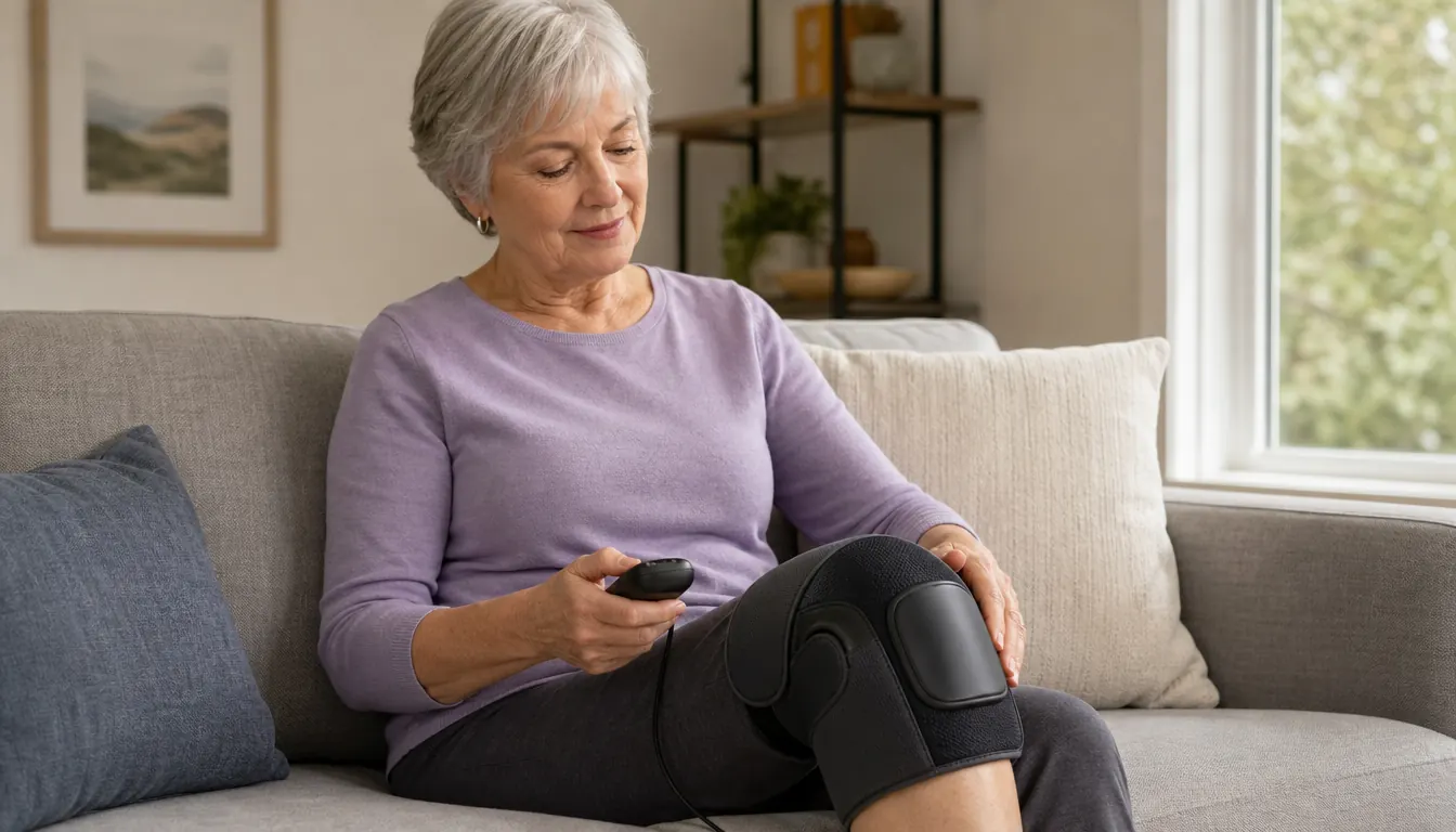 A woman in her sixties seated on a couch adjusting a knee massager wrap on her knee