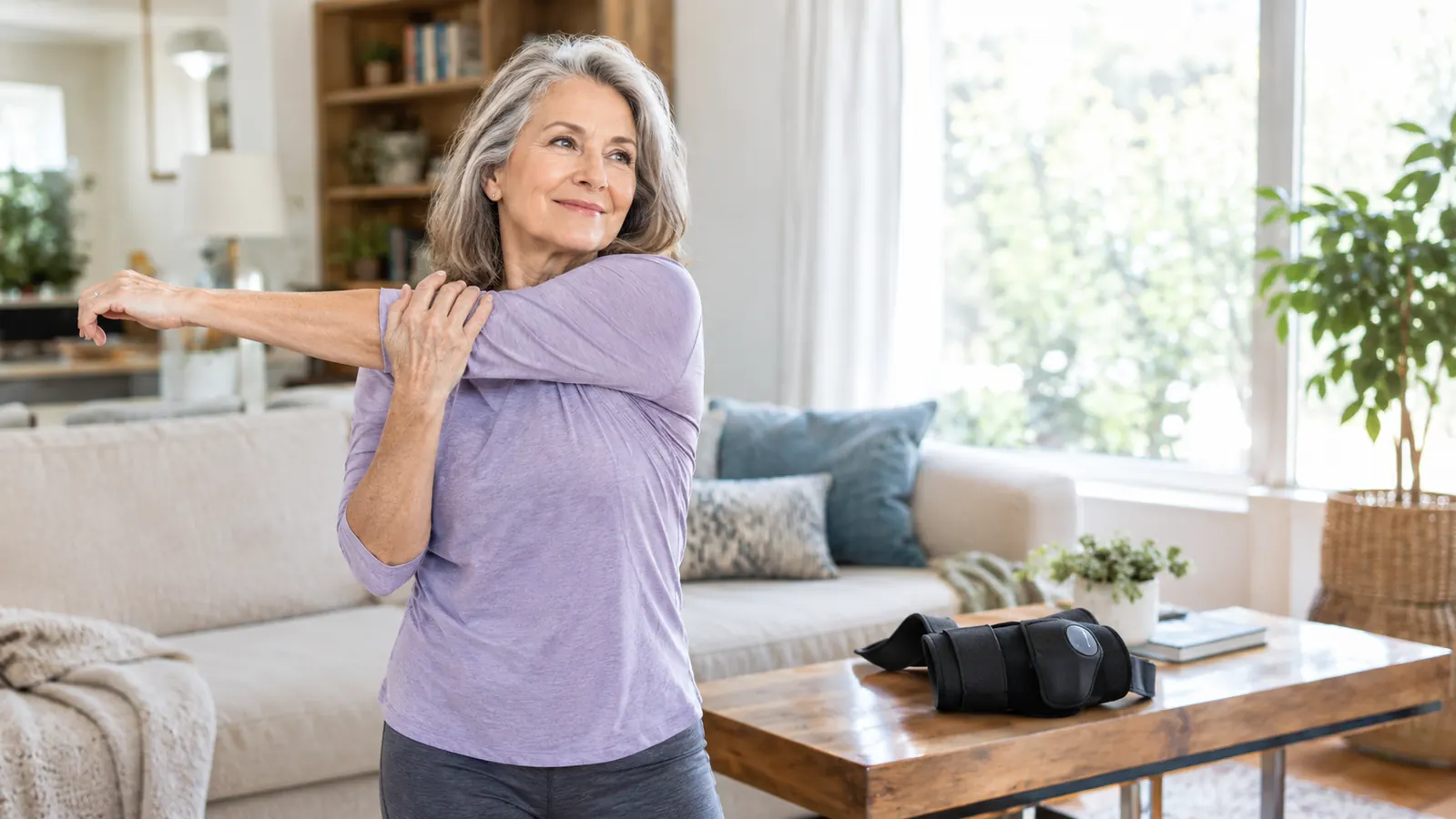 A woman in her sixties doing gentle standing stretches in a living room with a knee massager wrap resting on the coffee table