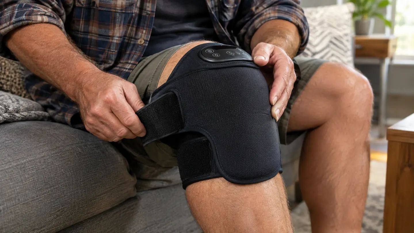 Close view of a padded heated knee wrap with a strap, laid over a person's knee while they sit on a couch