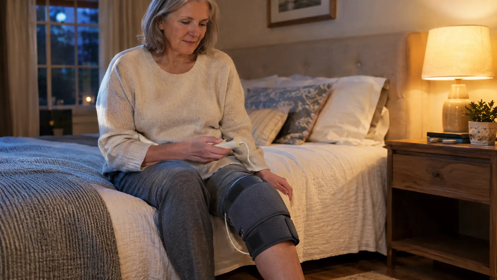 A woman in her sixties sitting on the edge of a bed, one knee wrapped in a padded heated wrap, holding the small controller in her hand