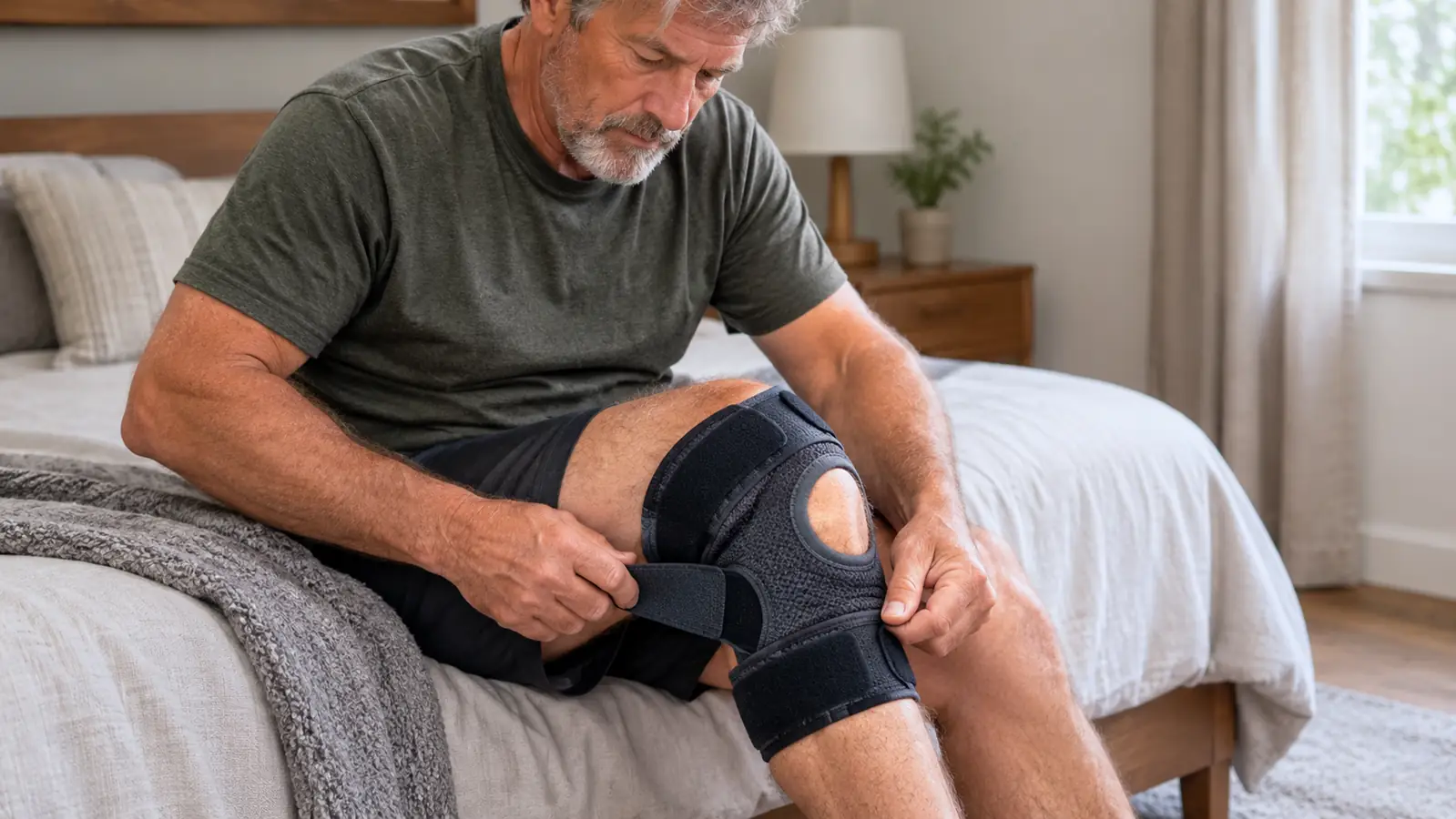 A person fastening a padded knee wrap around a bent knee while sitting on the edge of a bed