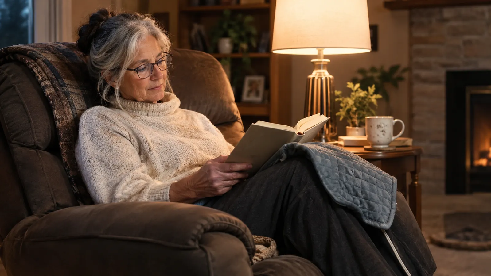 A woman in her sixties reading in a recliner with a heating pad draped over her knee, quiet evening scene