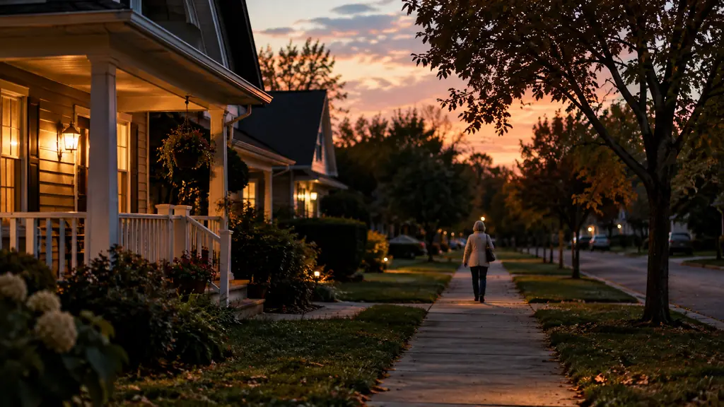 Quiet neighborhood street at dusk with warm porch lights glowing.