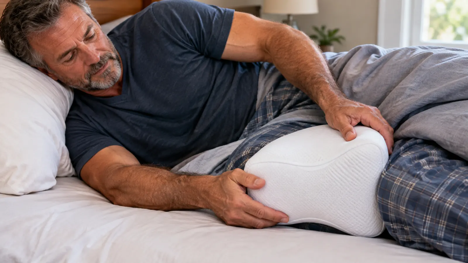 A hand adjusting a contoured foam knee pillow between the knees of a person lying on their side in bed