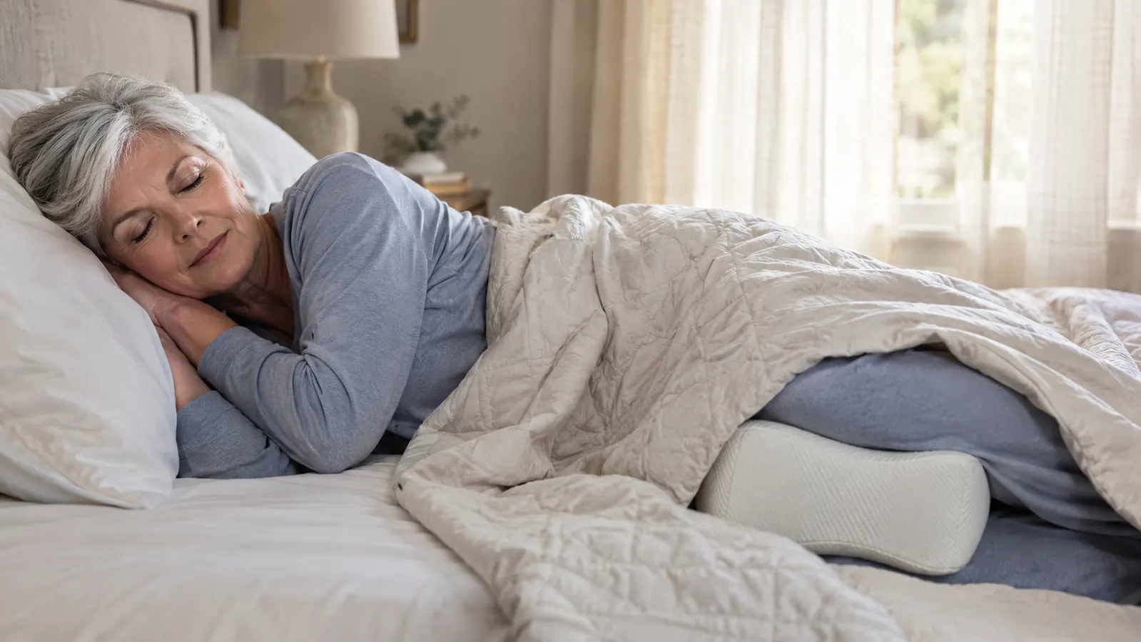 A woman in her sixties sleeping on her side with a contoured foam pillow between her knees
