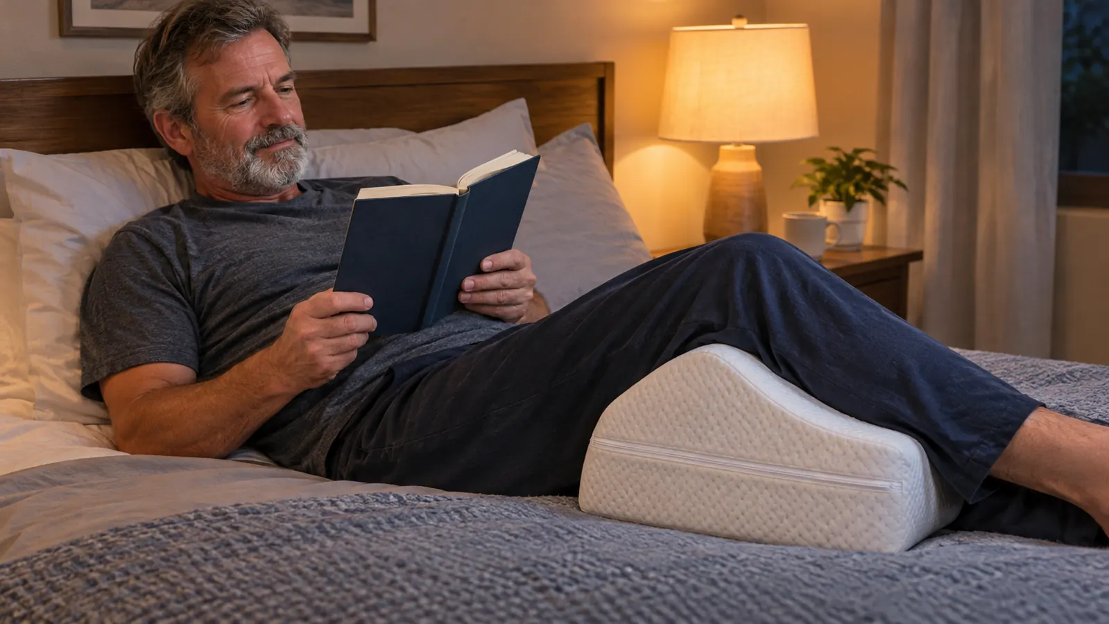 A contoured foam pillow propped under a woman's knee as she reads in bed
