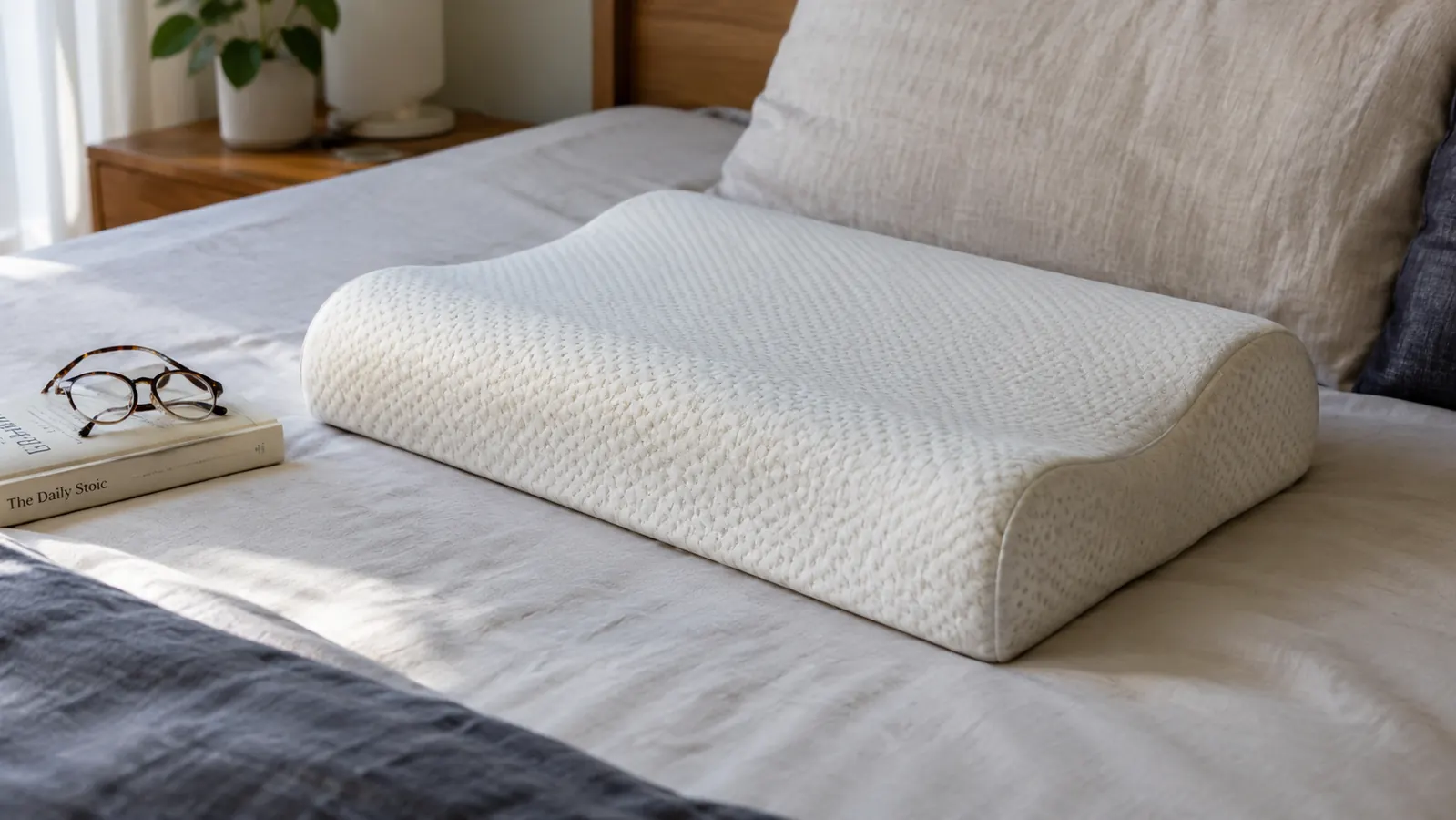 A contoured foam pillow resting on a neatly made bed beside a book and reading glasses