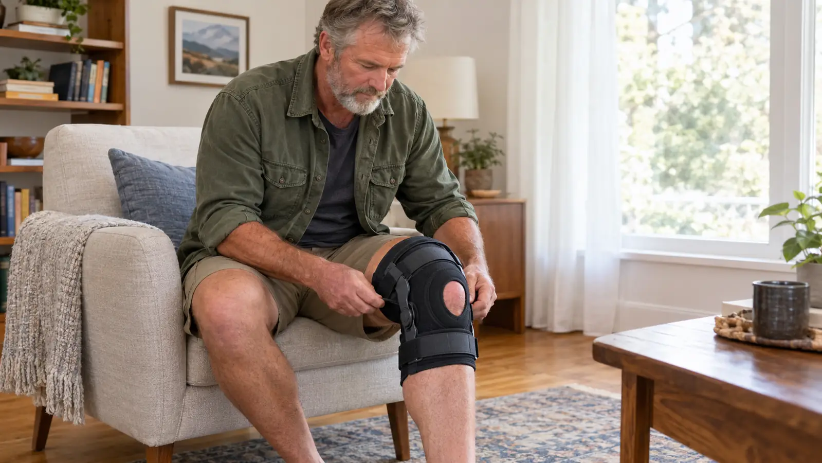 A woman in her sixties sitting on the edge of an armchair, adjusting a knee brace on her left knee.