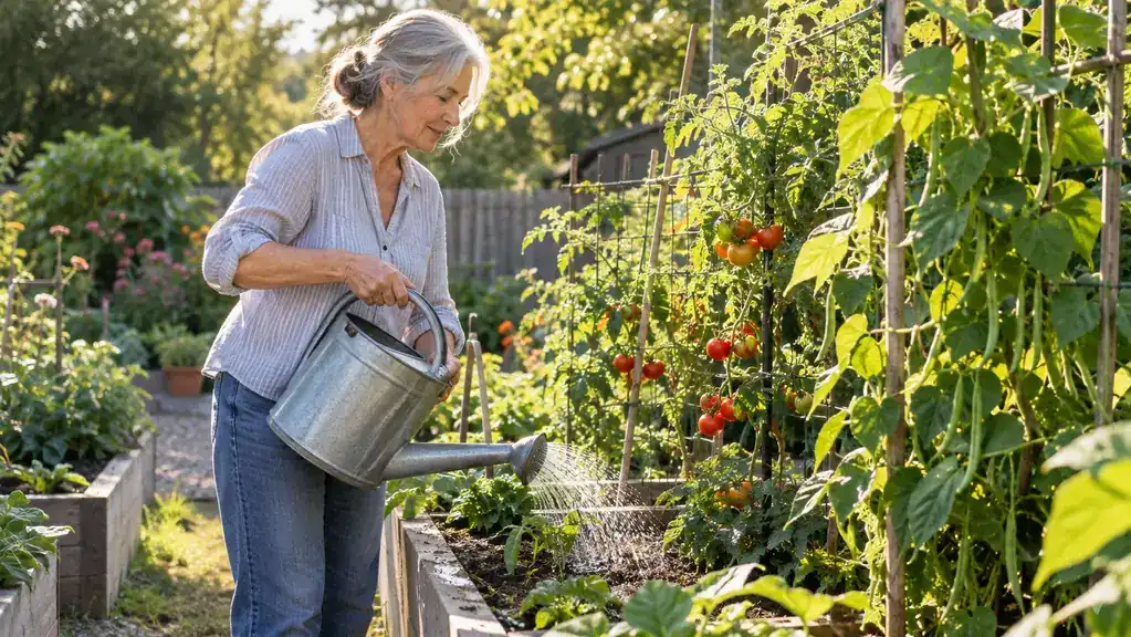 A woman in her sixties standing in a backyard vegetable garden, watering raised beds with a metal watering can in late afternoon light.