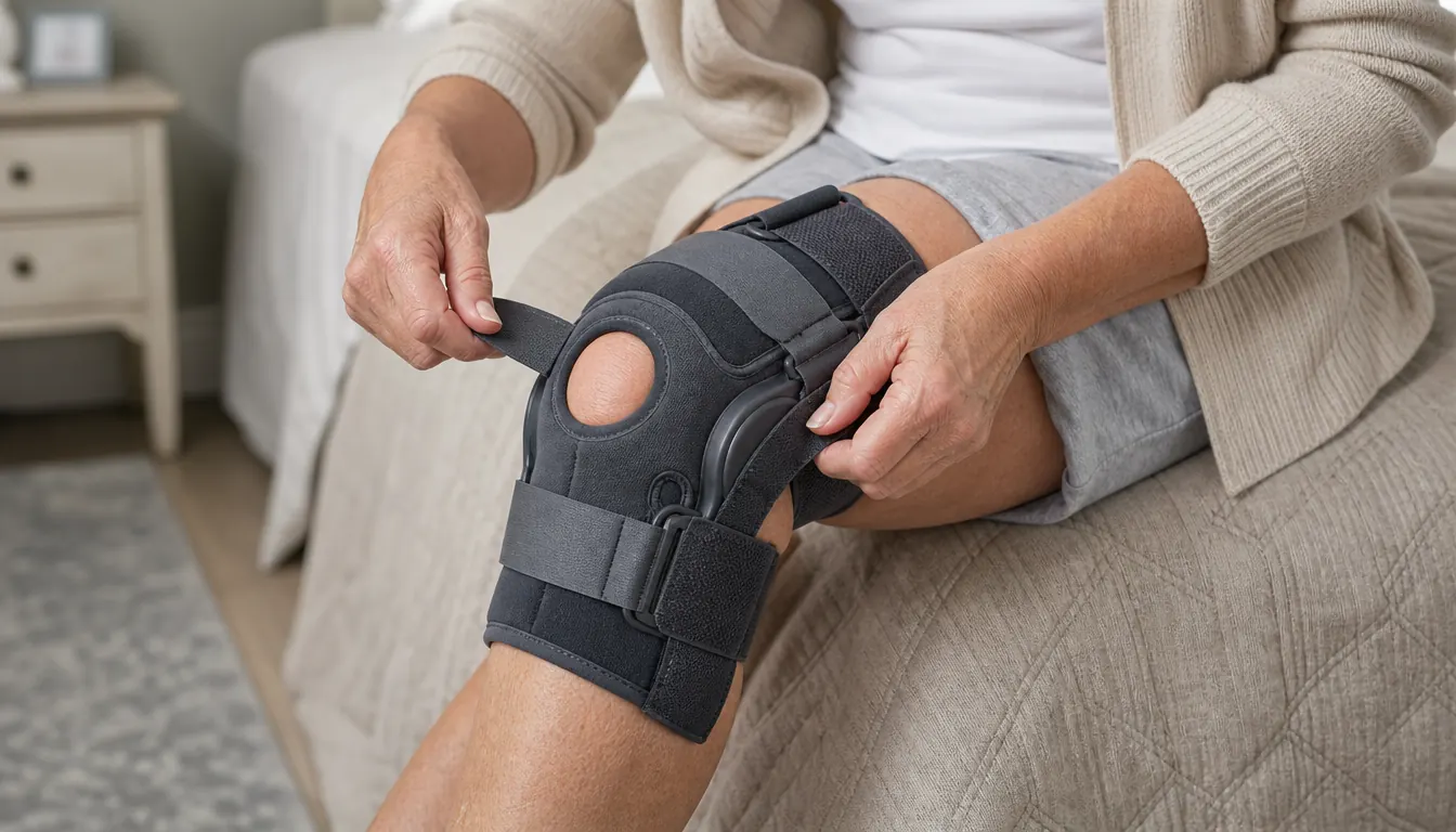 A woman in her sixties sitting on the edge of a bed, adjusting the straps of a knee brace on her knee