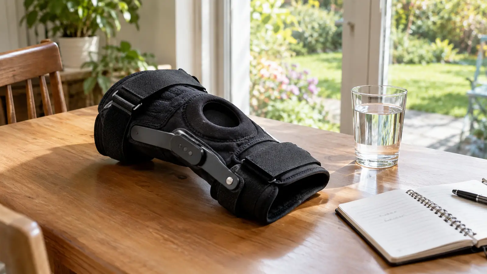 A knee brace with side stabilizers resting on a kitchen table next to an open notebook in the morning light