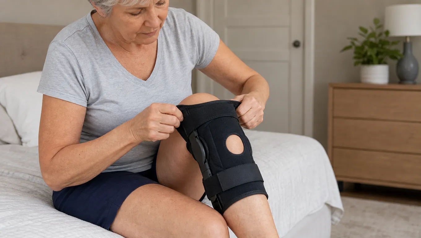 A woman in her sixties sitting on the edge of a bed, pulling a knee brace up over her bent leg.