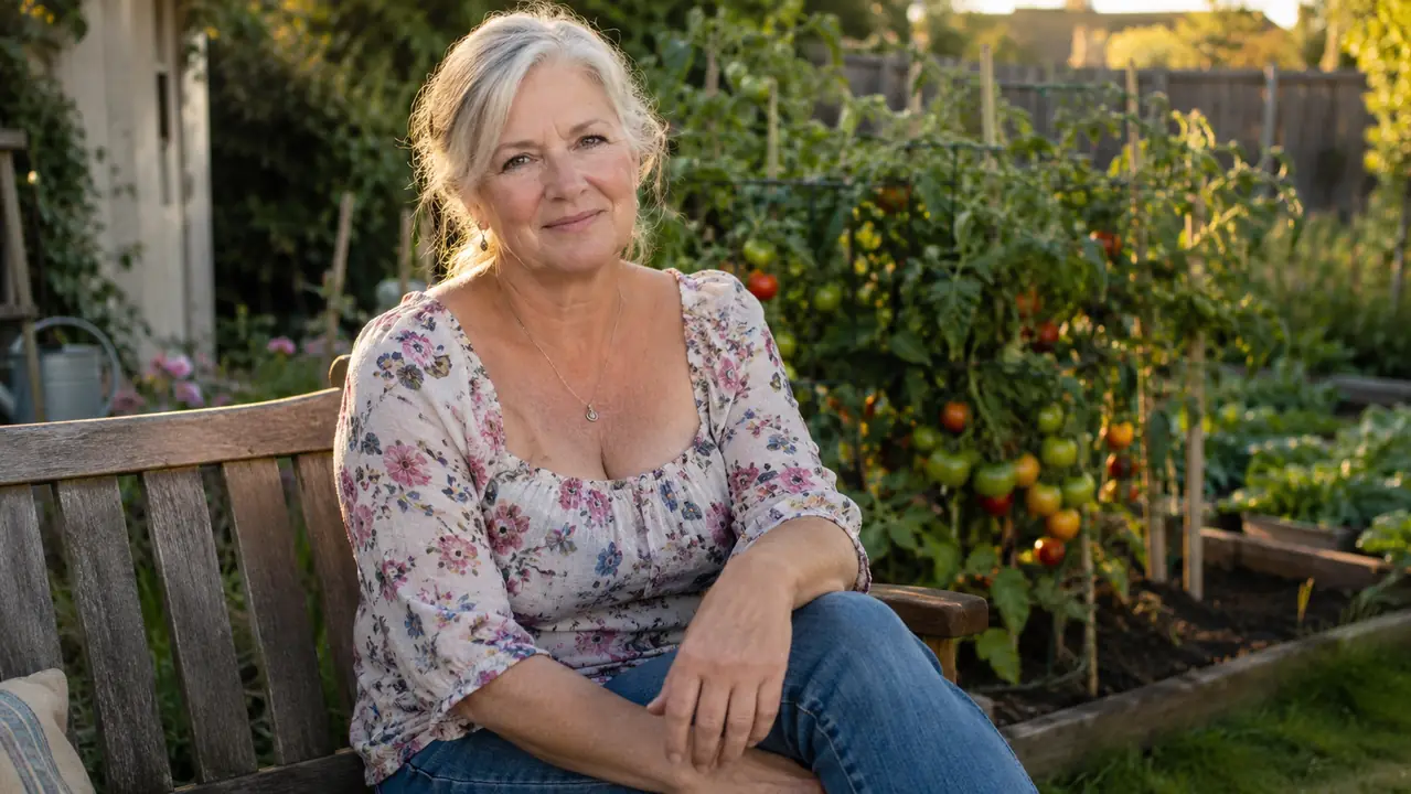 A woman in her sixties sitting on a wooden garden bench, one hand resting on her knee, vegetable garden behind her.