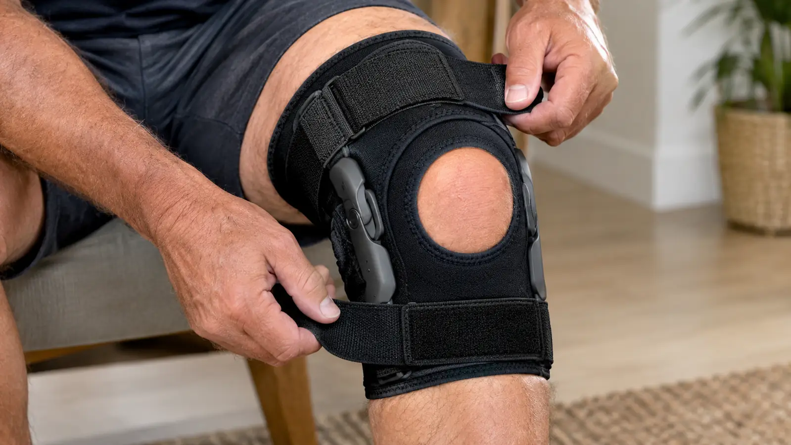 A person's hands fastening a knee brace with side stabilizers over a bent knee