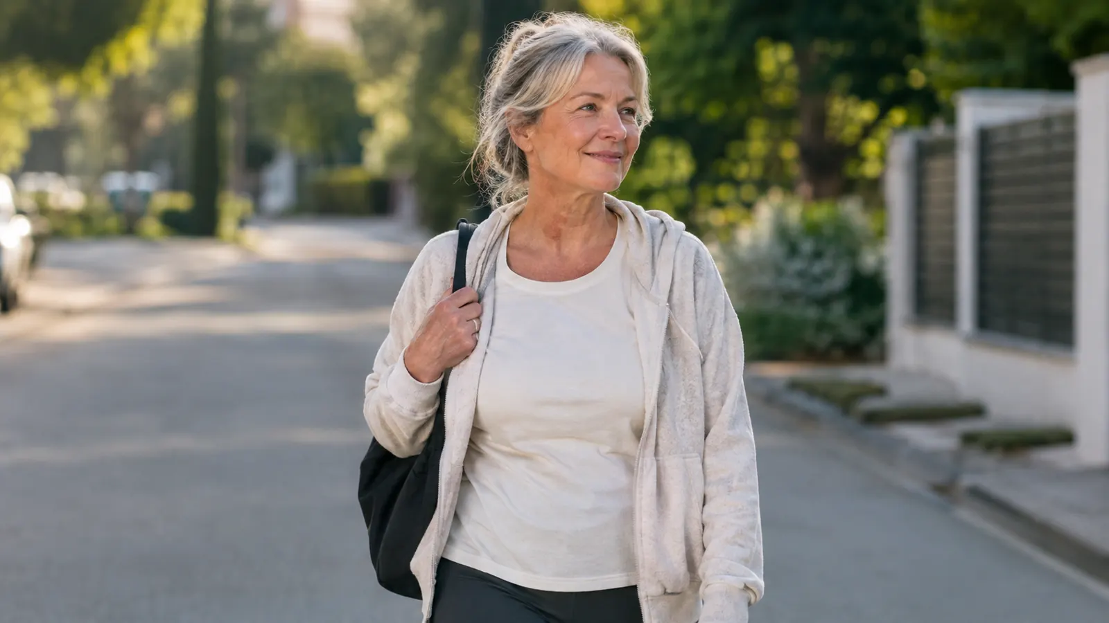 A woman in her sixties walking down a quiet residential street in the morning