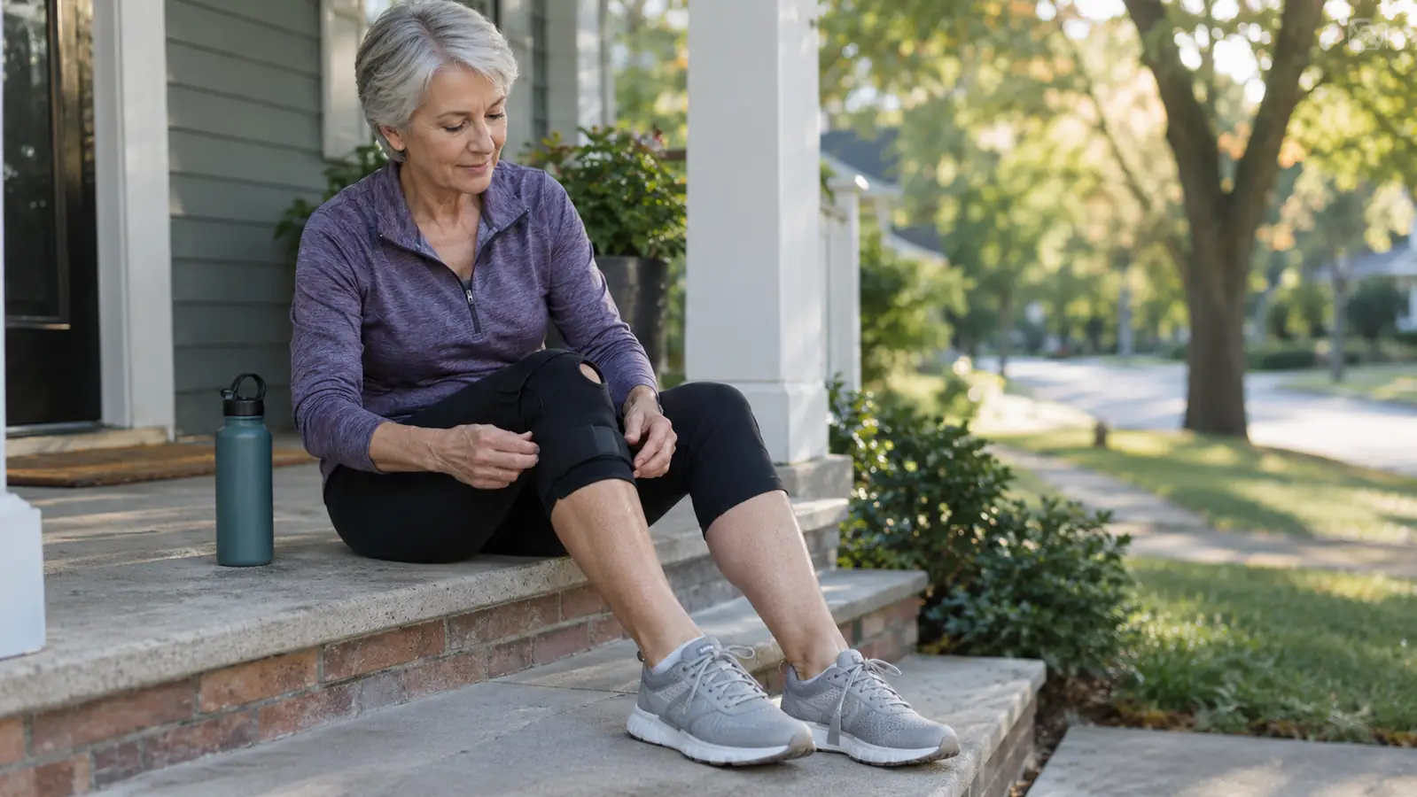 A woman in her sixties sitting on a porch step in morning light, adjusting a supportive brace on her left knee before a neighborhood walk