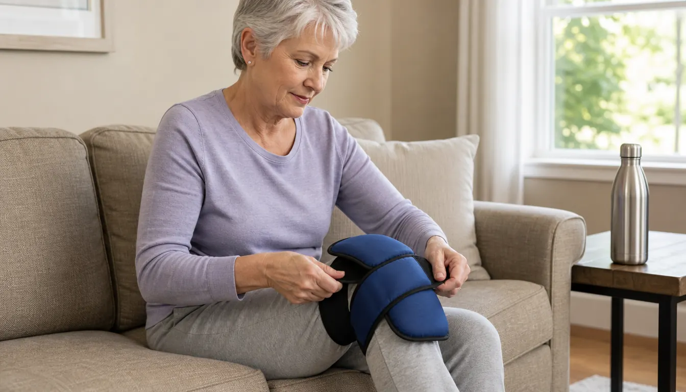 A woman in her sixties fastening a padded knee ice wrap over a sweatpants leg while sitting on a couch, with a stainless water bottle nearby