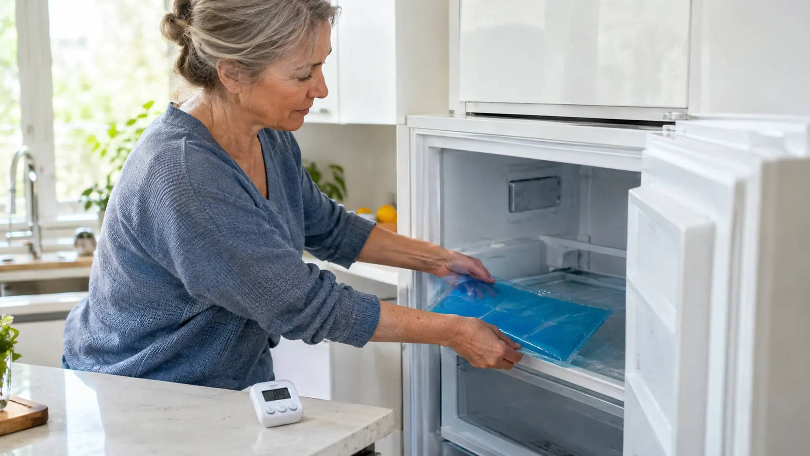 A woman in her sixties standing at a kitchen counter, placing a flexible gel wrap flat in a freezer, with a small kitchen timer beside it