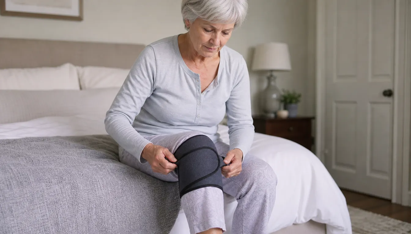 A woman in her sixties sitting on the edge of a bed, securing a fabric knee wrap around one knee over thin pajama pants