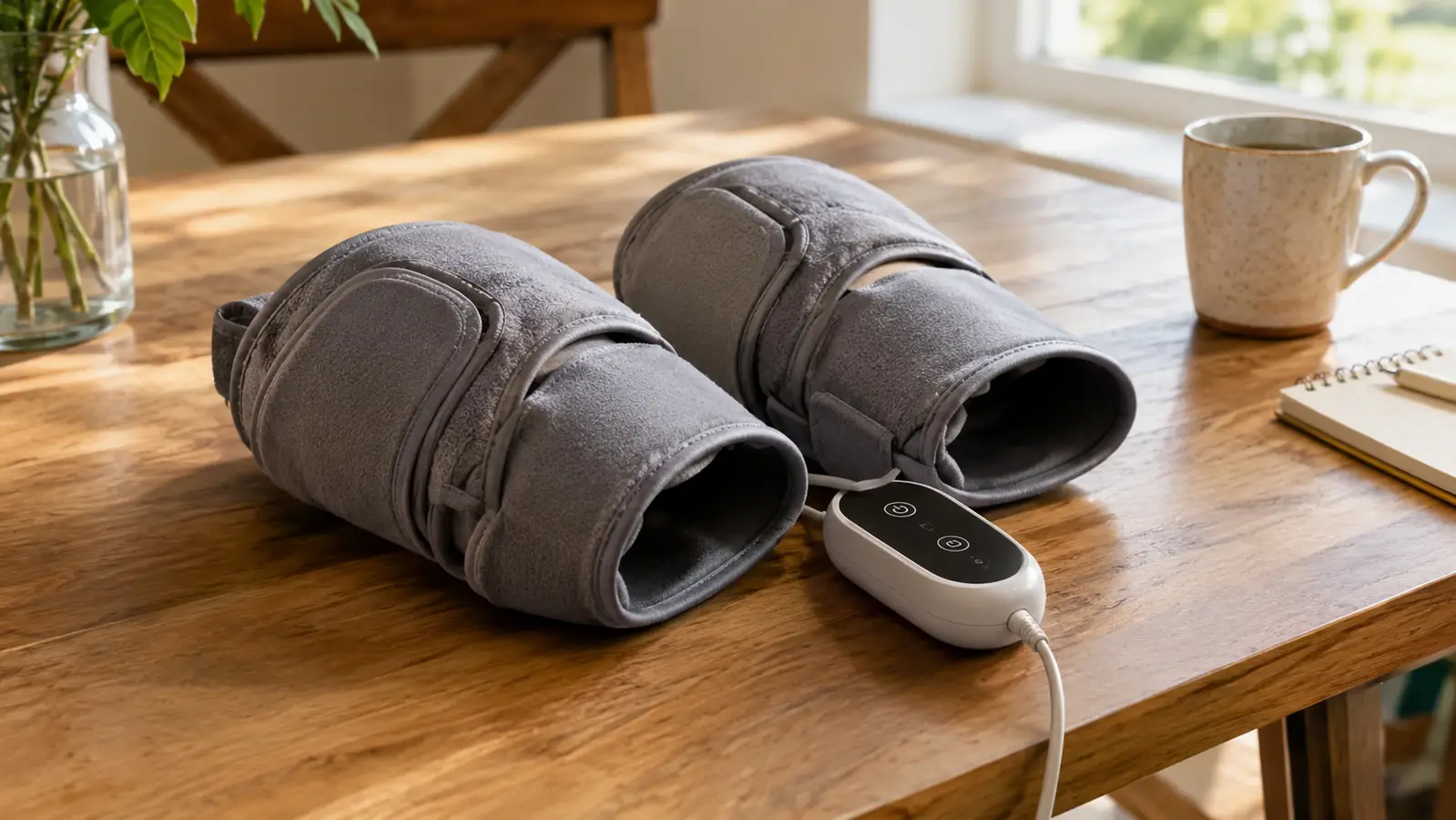 A pair of soft fabric knee wraps with a controller lying on a kitchen table next to a mug and a small notepad