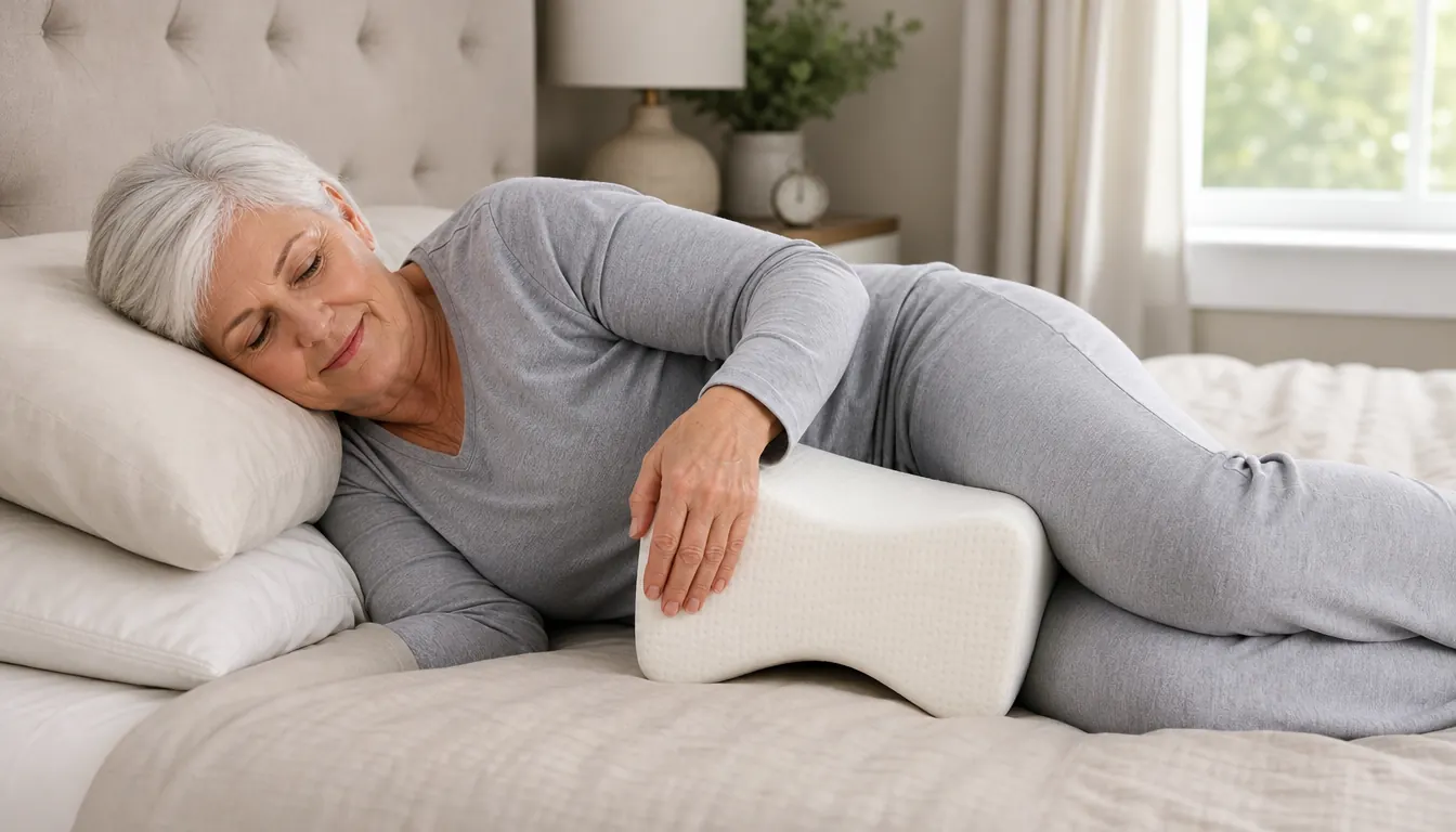A woman in her sixties lying on her side in bed, adjusting a foam knee pillow between her legs so it supports her whole lower leg