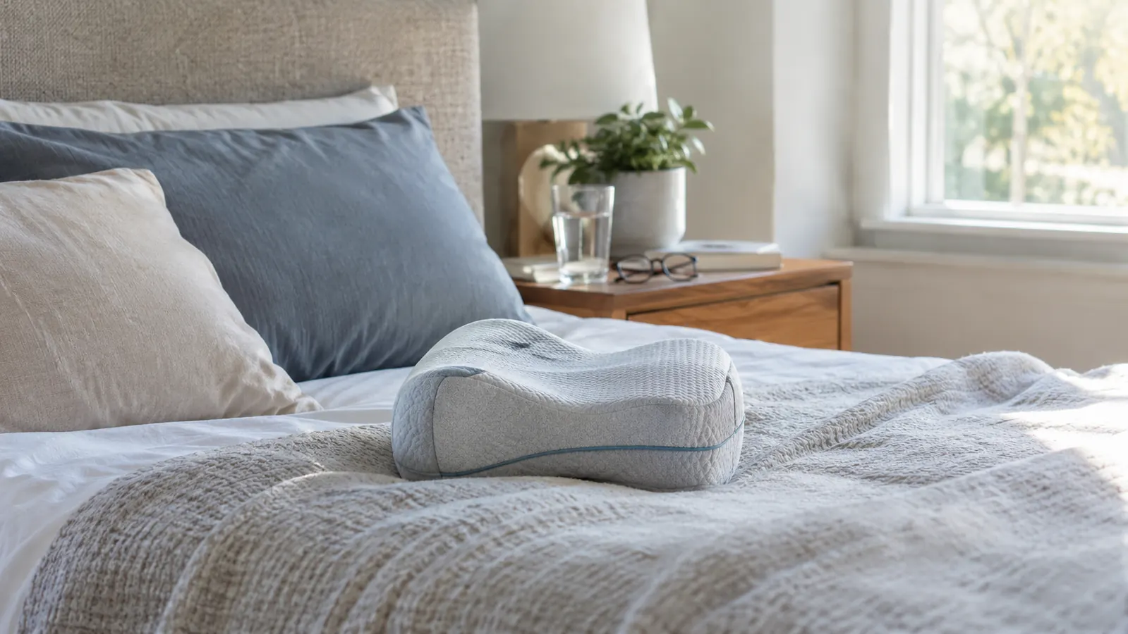A neatly made bed in a bright bedroom with a foam knee pillow resting on the blanket and a nightstand holding a glass of water and reading glasses