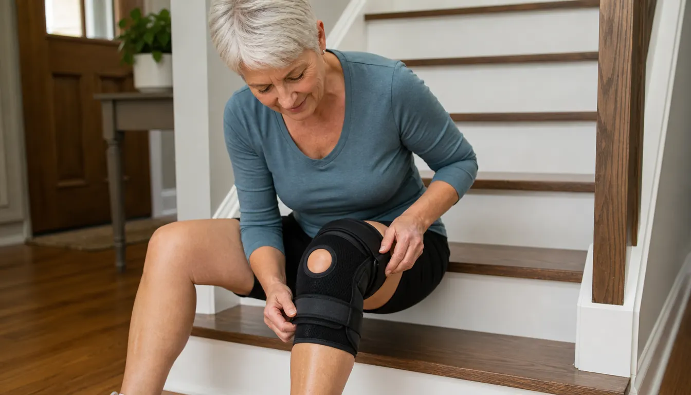 A woman in her sixties sitting on the bottom step of a staircase, adjusting the straps of a knee brace on her bent left leg