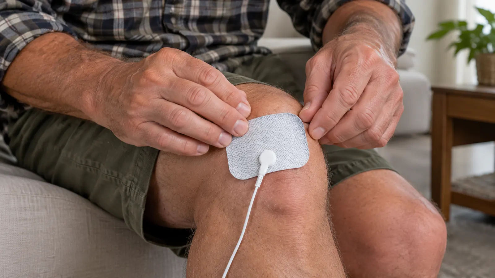 A hand pressing an electrode pad onto the skin just above a bent knee, with the pad lead attached
