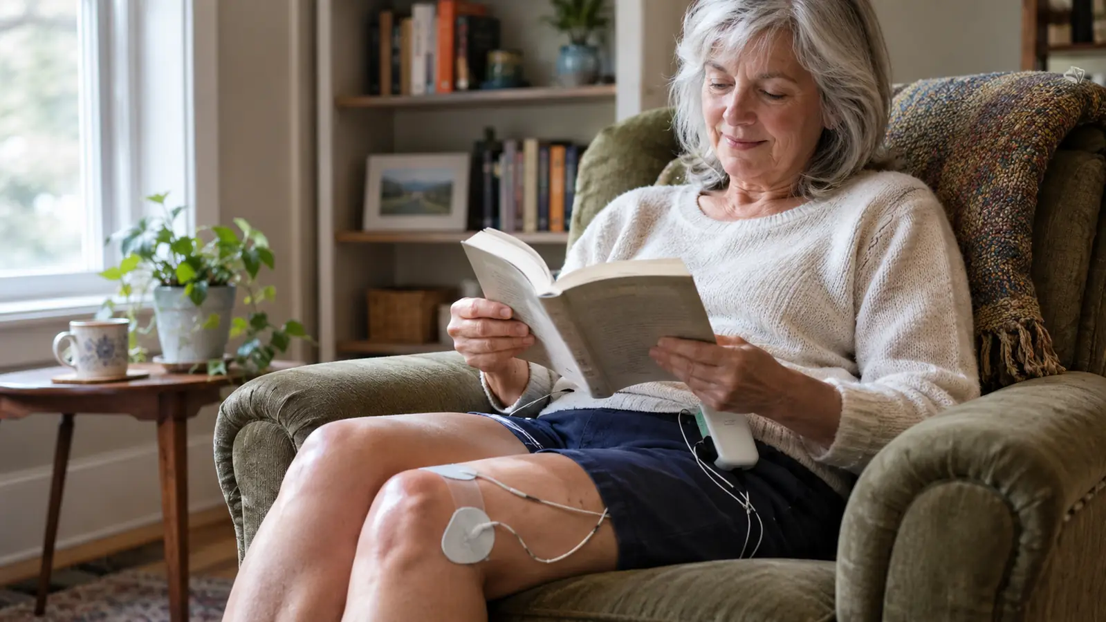 A woman in her sixties sitting in an armchair with a TENS unit clipped to her waistband and pads on her knee, reading a book