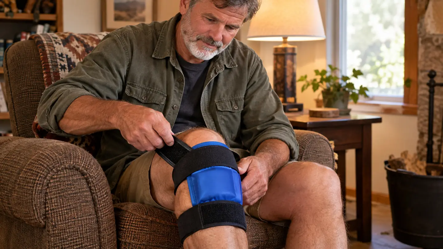 A hand adjusting a knee ice pack wrap over a woman's knee while she sits in a living room chair