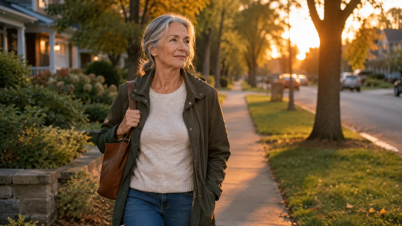 A woman in her sixties walking on a flat neighborhood sidewalk in the evening, one knee slightly favored